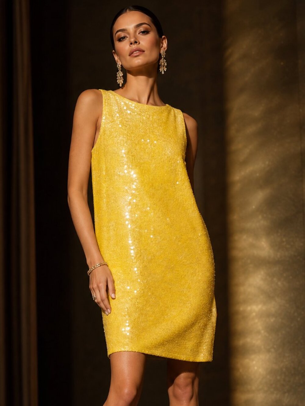 Anne Klein Lemon Yellow Sequin Shift Dress Cocktail Party Glam Size 6 NWT